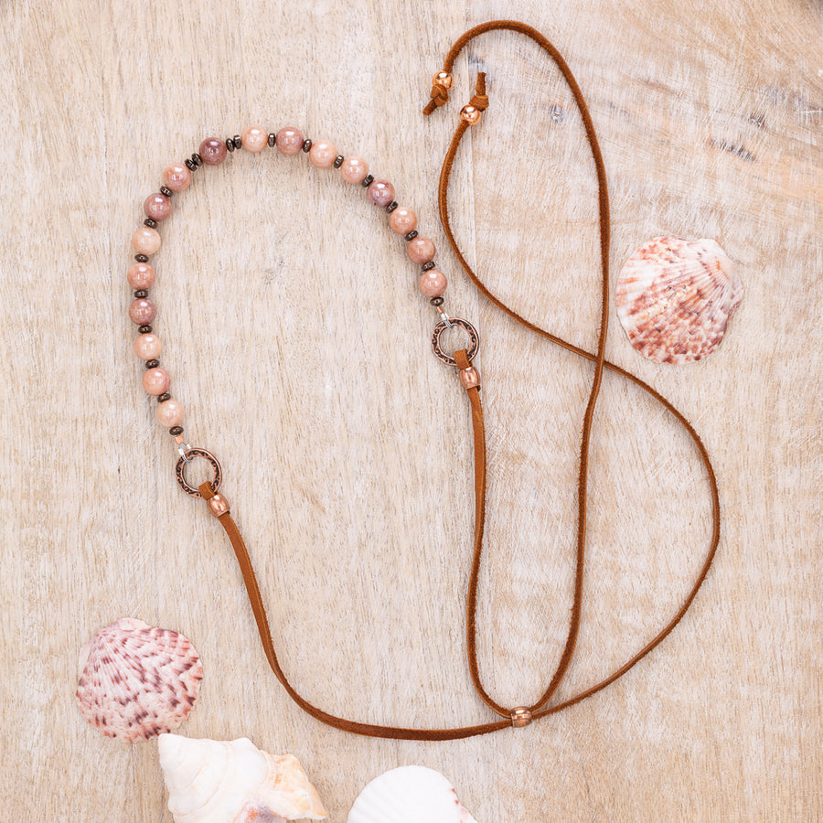 Peach Sunstone with Leather AdjustableNecklace