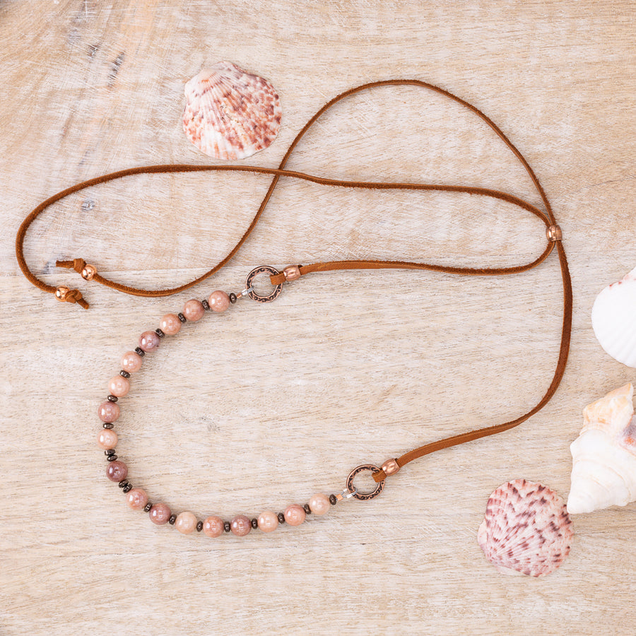 Peach Sunstone with Leather AdjustableNecklace