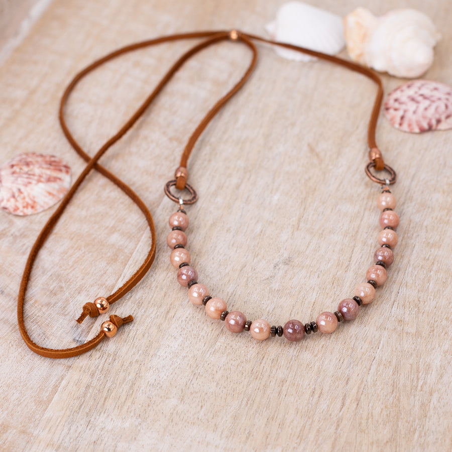 Peach Sunstone with Leather AdjustableNecklace