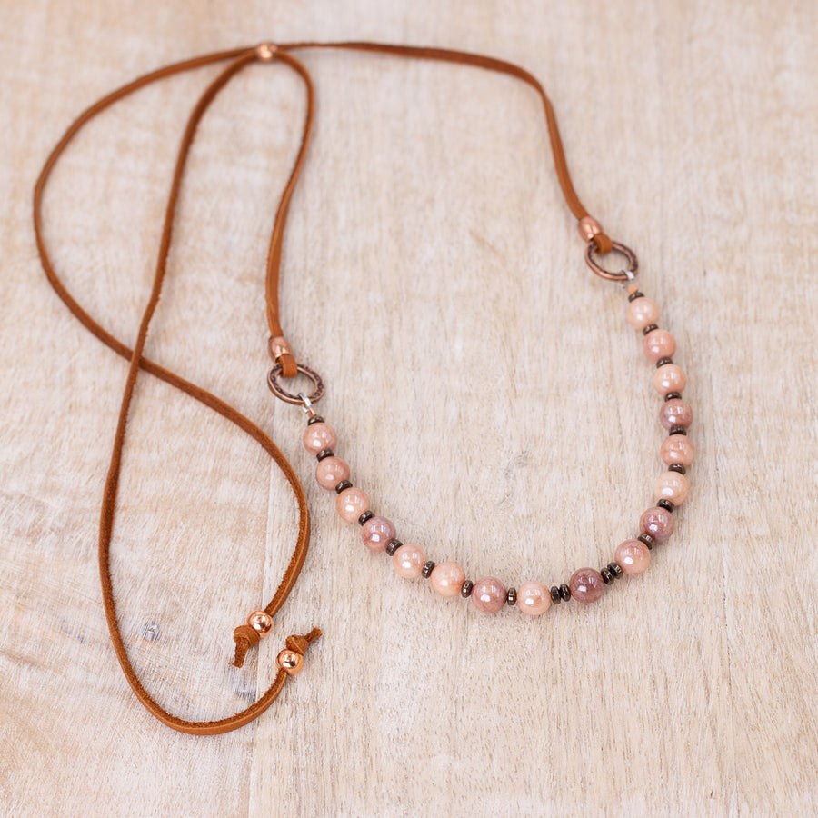 Peach Sunstone with Leather AdjustableNecklace