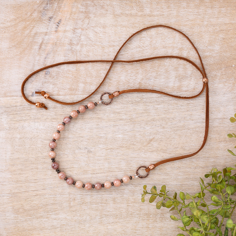 Peach Sunstone with Leather AdjustableNecklace