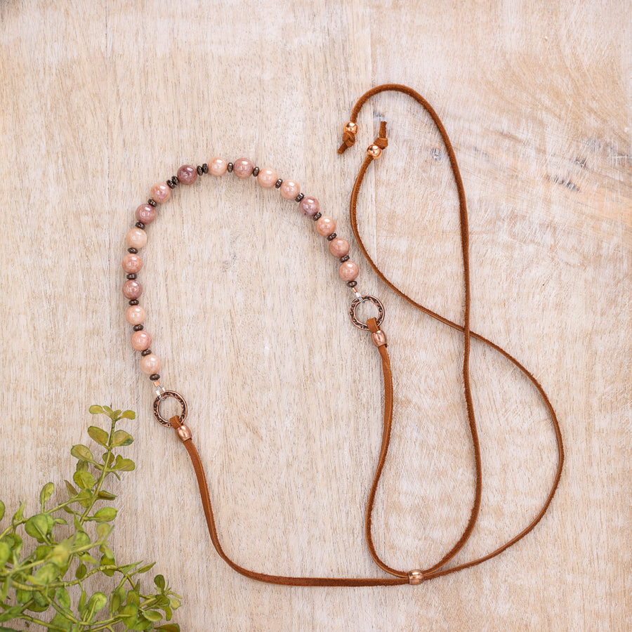 Peach Sunstone with Leather AdjustableNecklace